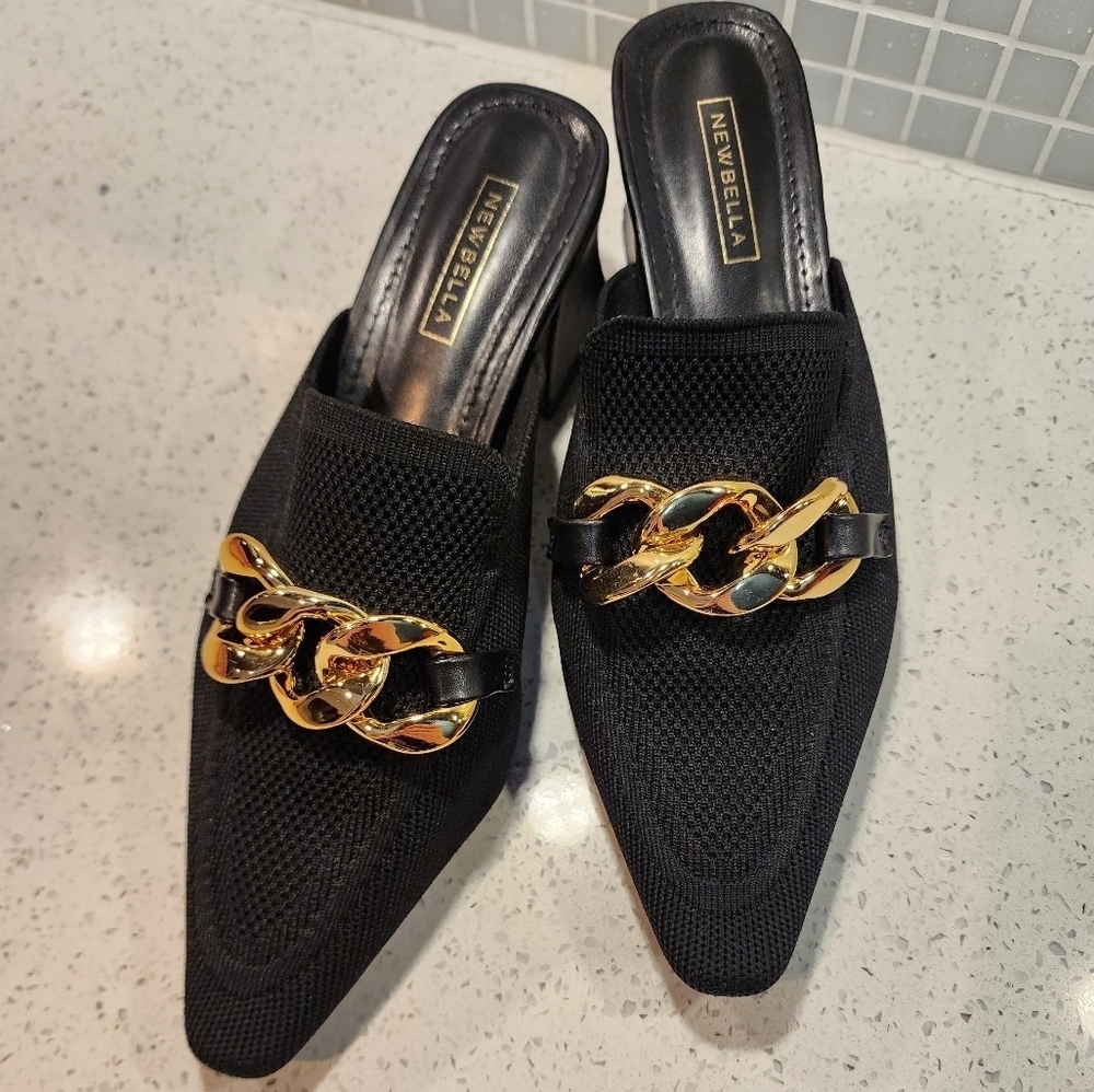Newbella Black Pointed Slip-On Mules with Gold Chain Accent - Picture 7 of 14